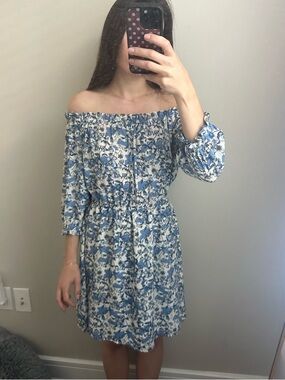 CeCe Blue and White Off-Shoulder Floral Dress